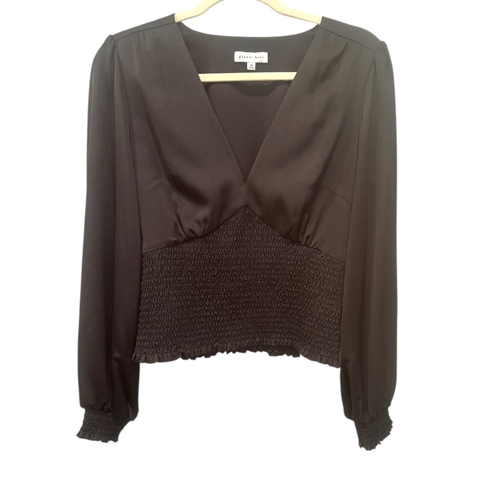 Gianni Bini Black Smocked Ruffled Deep V Neck Blouse Sz Medium Office Party